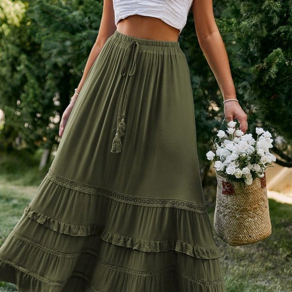 Green Boho Womens Tie Waist Ruffle Hem Skirt - Picture 4 of 5